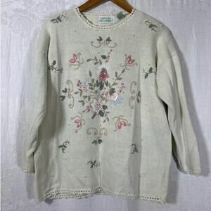 Vintage Sweater Large Embroidered Ribbon Floral Open Knit Trim Cottage Off White